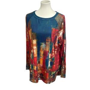 Womens XL Long Sleeve 100% Polyester City Scape Buildings Long Sleeve Top Tee